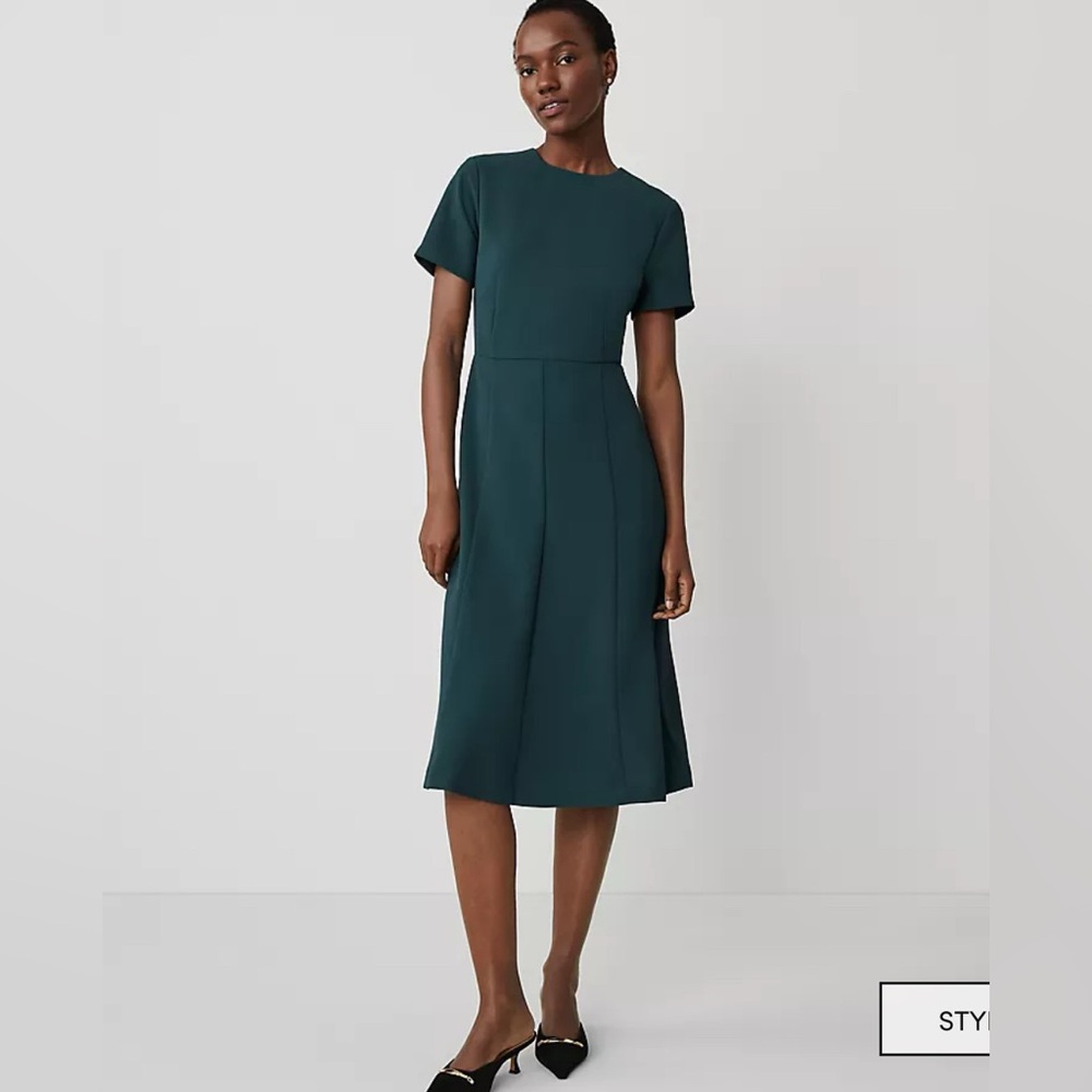 NWT Ann Taylor Flare Dress In Fluid Crepe in deep slate green  size 8 petite